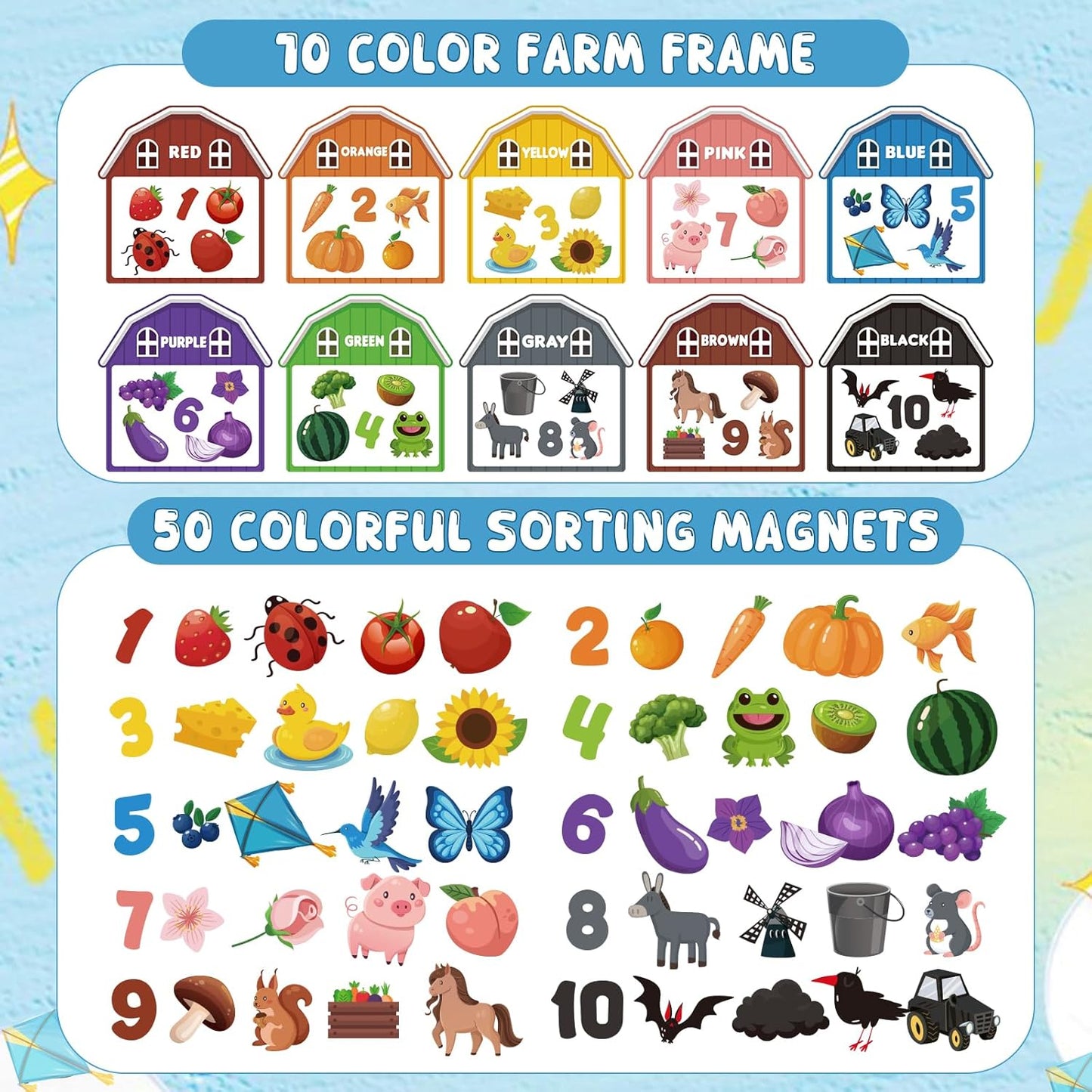 10Pcs Magnetic Color Sorting Toys 60 Toddler Magnets for Refrigerator, Cute Farm Animal Fridge Magnets for Early Education Toddler Color Sorting Learning Activities
