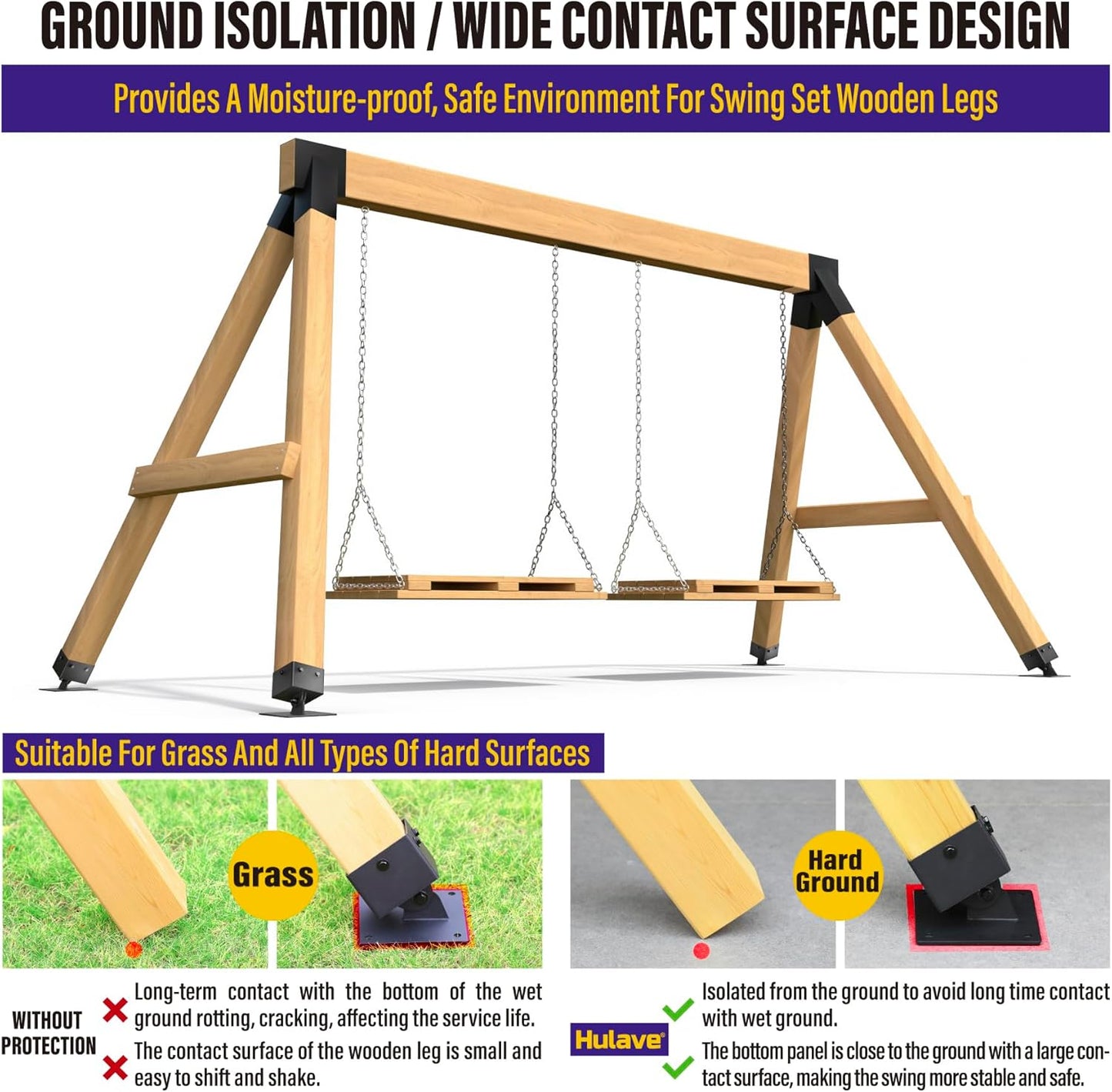 Hulave 201 Stainless Steel Swing Set Anchor Leveling Kit, Swing Set Leveling Base Bracket, Fits 4 x 4 (Actual Size 3.5" x 3.5") Wood Legs, Avoids Moisture to Protect Wooden Legs (4pack - Black)
