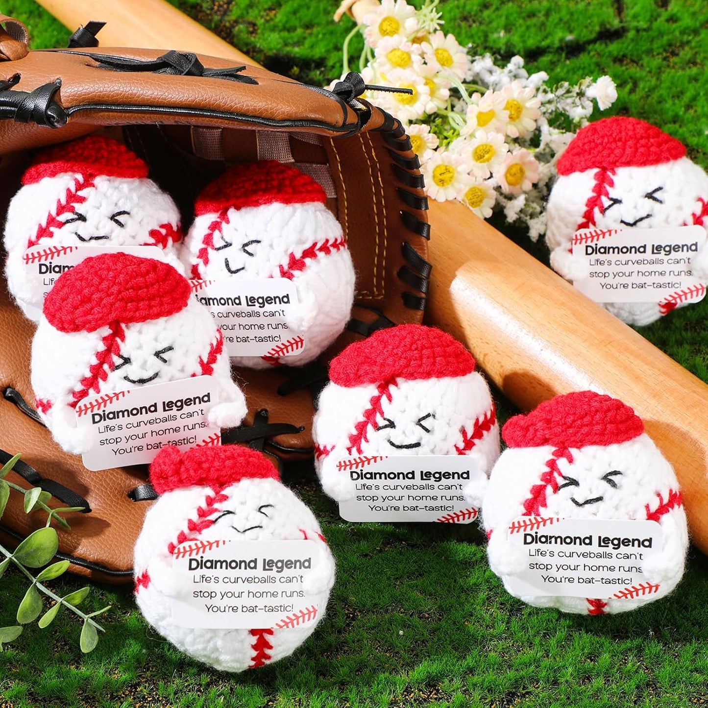 12pcs Funny Baseball Gifts for Team Bulk Positive Baseball Balls with Motivational Cards Handmade Mini Crochet Team Gift for Coach Women Men Coworker Birthday Christmas Party Favors