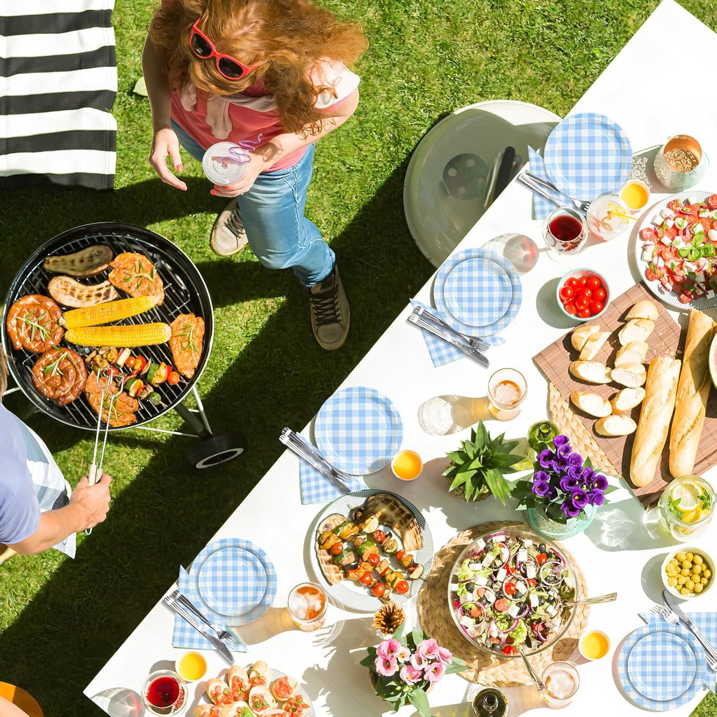 180Pcs Blue Gingham Party Supplies Paper Plates and Napkins Serve 60 Disposable Tableware Set for Birthday Party Decorations Game Day Family School Holiday Sports Events