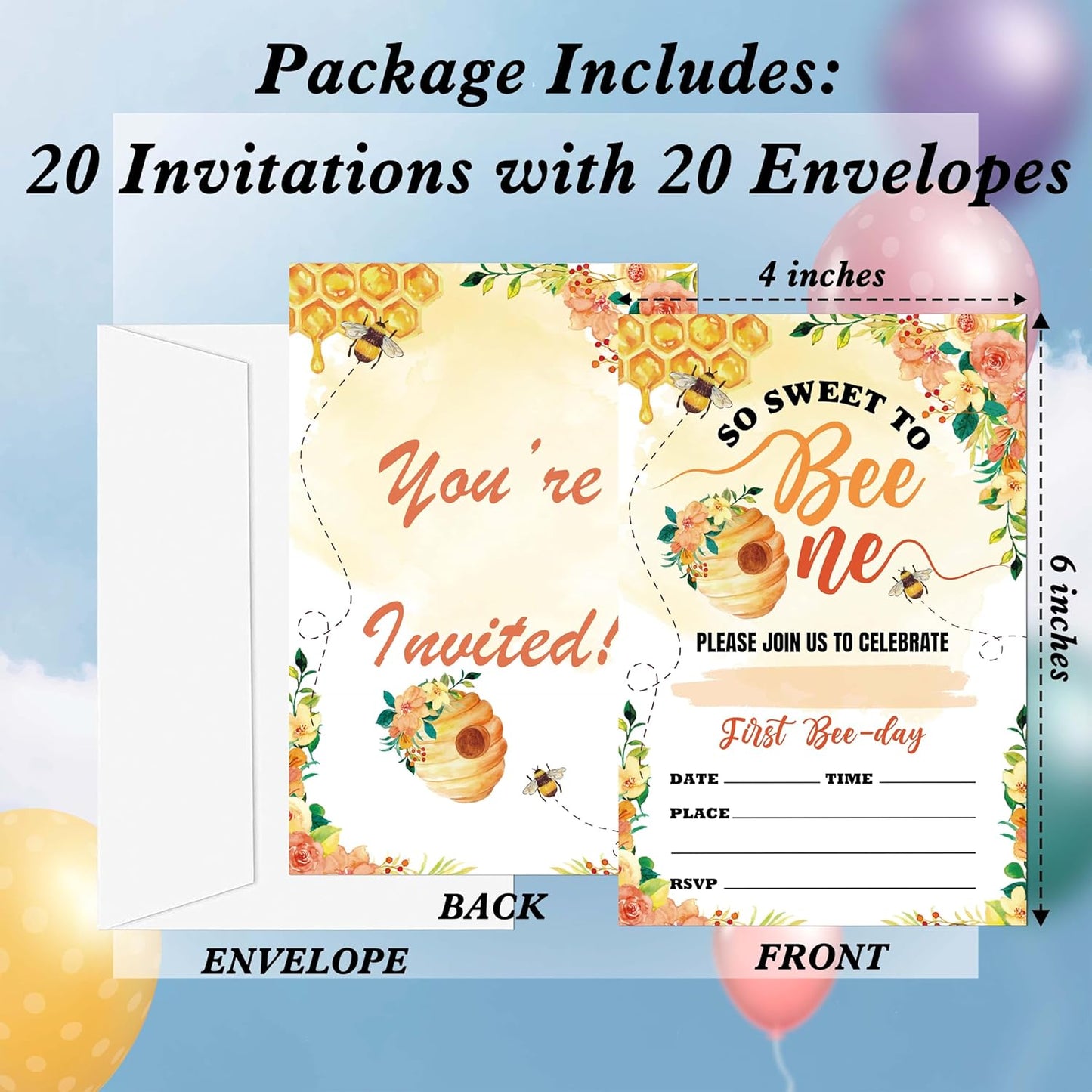 Honeycomb 1st Birthday Invitations, 20 Invitation Cards with Envelopes, Sweet Bee Invites for Party Decorations Favor Supplies - A04