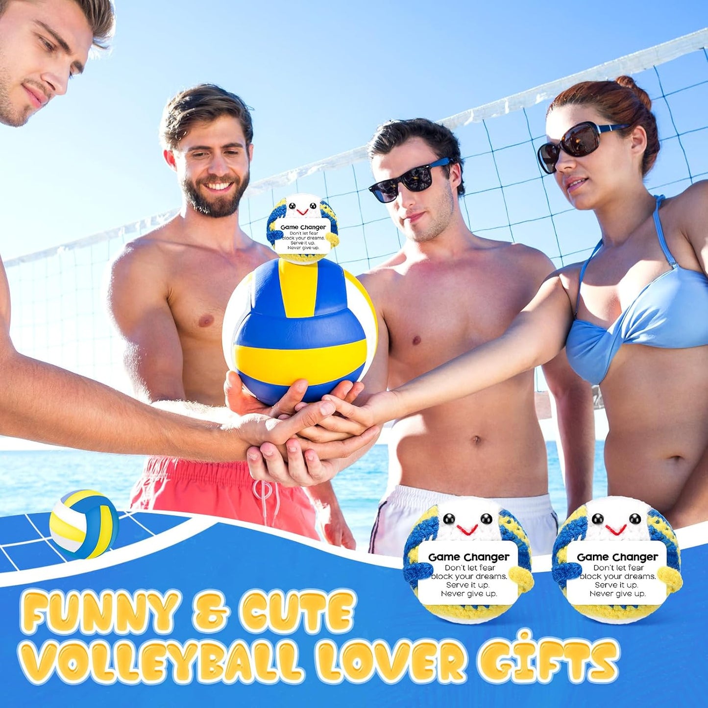 12pcs Funny Volleyball Gifts for Team Bulk Positive Volleyball Balls with Motivational Cards Handmade Mini Crochet Team Gift for Coach Women Men Coworker Birthday Christmas Party Favors