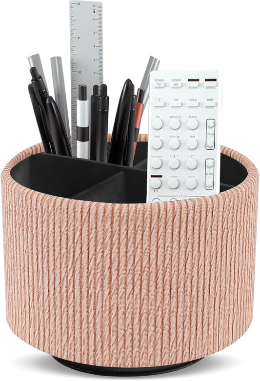 Hennaja Round Leather Art Supply Organizer,Remote Control Holder,360 Degree Spinning,Multi-Functional Pencil Holder,4 Compartments Desktop Stationary Organizer(1-Wood Apricot)