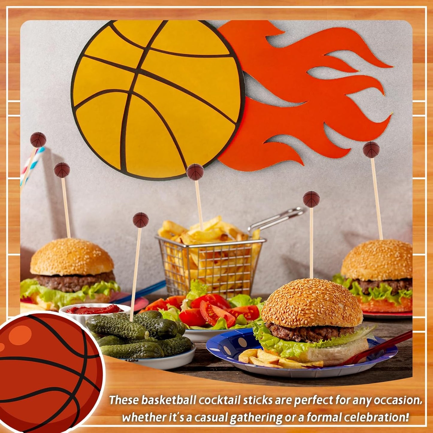 100Pcs Basketball Cocktail Picks 4.7 Inch Decorative Sports Ball End Toothpicks for Appetizers Bamboo Cocktail Sticks Skewers for Drinks, Fruits, Desserts, Charcuterie(Basketball)
