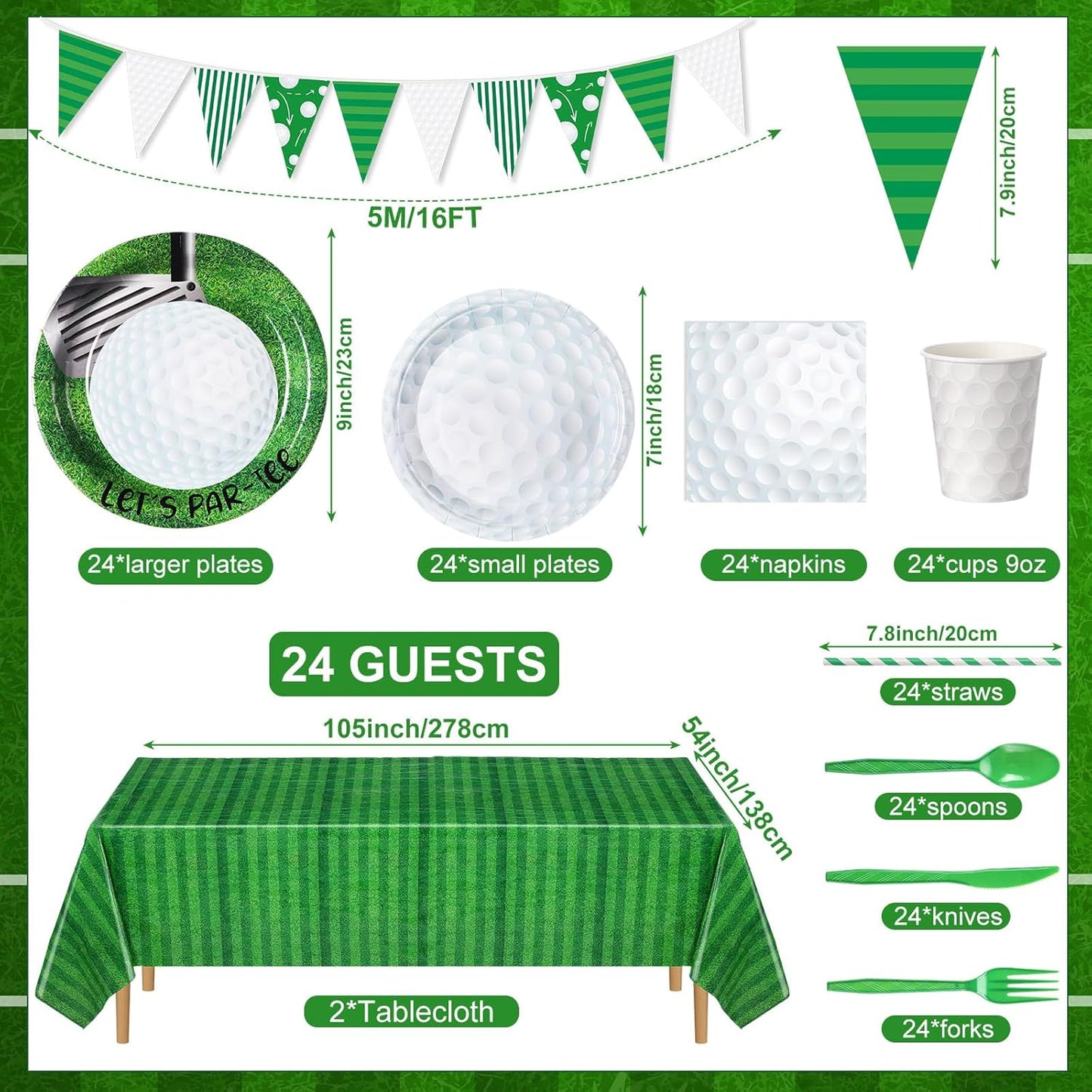 195 Pcs Golf Party Supplies 24 Guest Disposable Dinnerware with Golf Tablecloth 9" and 7" Paper Plates Cup Napkin Plastic Fork Knives Spoon and Banner for Golf Birthday Decorations