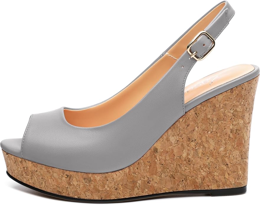 Womens Peep Toe Wedge Heels Matte Fashion Cork Slingback Pumps Platform Wedge - Image 2