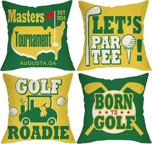 Golf Masters Tournament Decorative Throw Pillow Covers 18 x 18 Set of 4, Green Yellow Golf Roadie Cart Ball Outdoor Home Decor, Let's Par Tee Club Sports Boys Couch Cushion Case Golfer Gifts