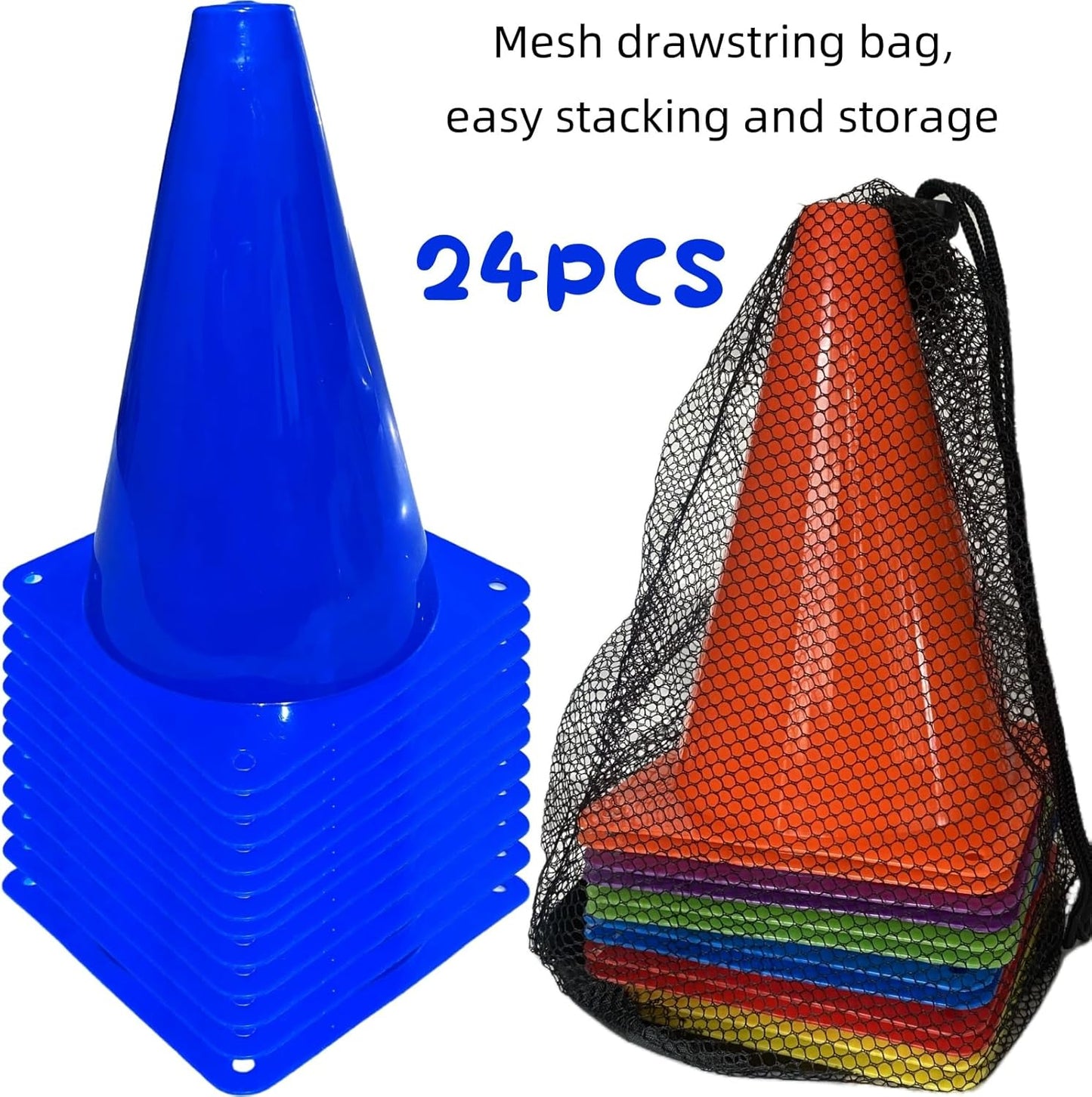 24 Pcs 7 Inch Plastic Traffic Cones, Basketball Football Drills, Skating, Sport Training Agility Markers, Indoor Outdoor Games, Multicolor