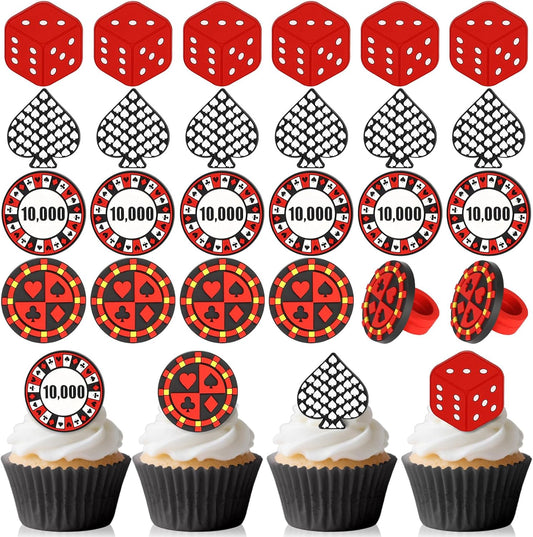 24Pcs Casino Cupcake Ring Toppers Poker Chips Heart Dice Cupcake Toppers Casino Theme Party Cake Decorations for Poker Game Night Las Vegas Birthday Corporate Events Party Supplies