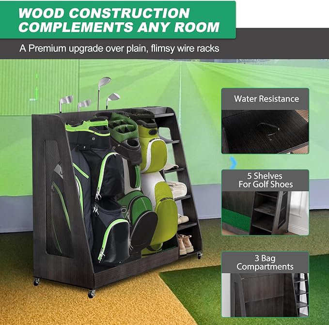 Wooden Golf Bag Organizer Garage Large Golf Bag Storage Rack Stand - Image 3