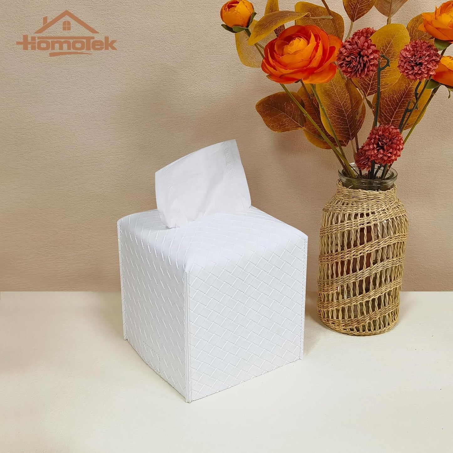 HOMOTEK 2 Pack Tissue Box Cover,PU Leather Tissue Holder,Square Decorative Facial Tissue Cube Paper Organizer Dispenser for Bathroom, Night Stands, Desk, Car 5X5X5'' - Woven Waffle, Pure White