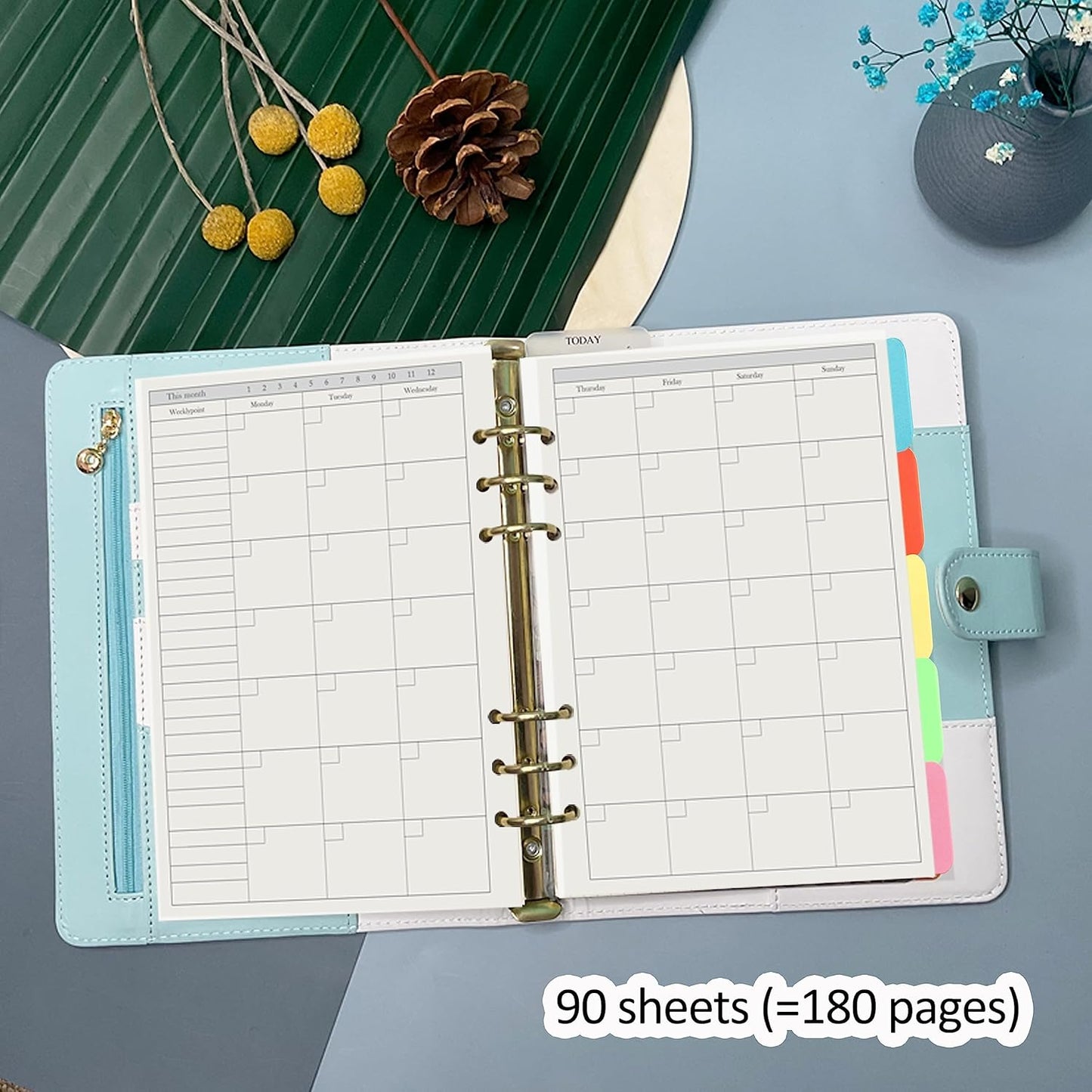 Harphia A5 6 Holes Binder Refill Value Set, 90sheets monthly plan loose leaf paper with stickers and dividers, planner insert with binder pockets for A5 binder 6 holes refillable notebook,005da5month