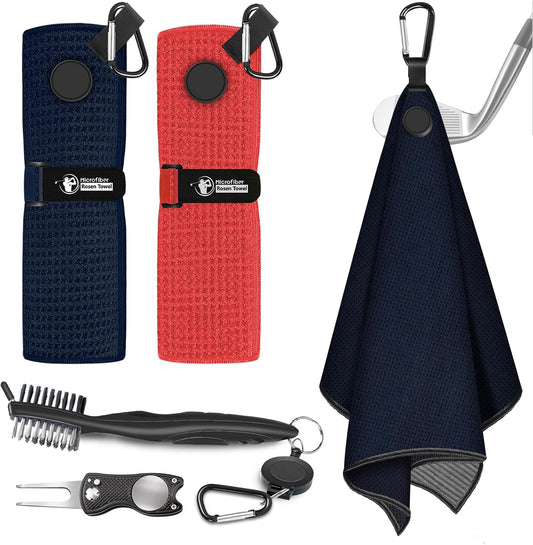 2 PCS Magnetic Golf Towels with Brush and Divot Tool, Microfiber Golf Towel with Wire Cleaning Cloth for Men, Industrial Strength Magnet for Strong Hold to Golf Bags, Carts or Clubs (Black Red)