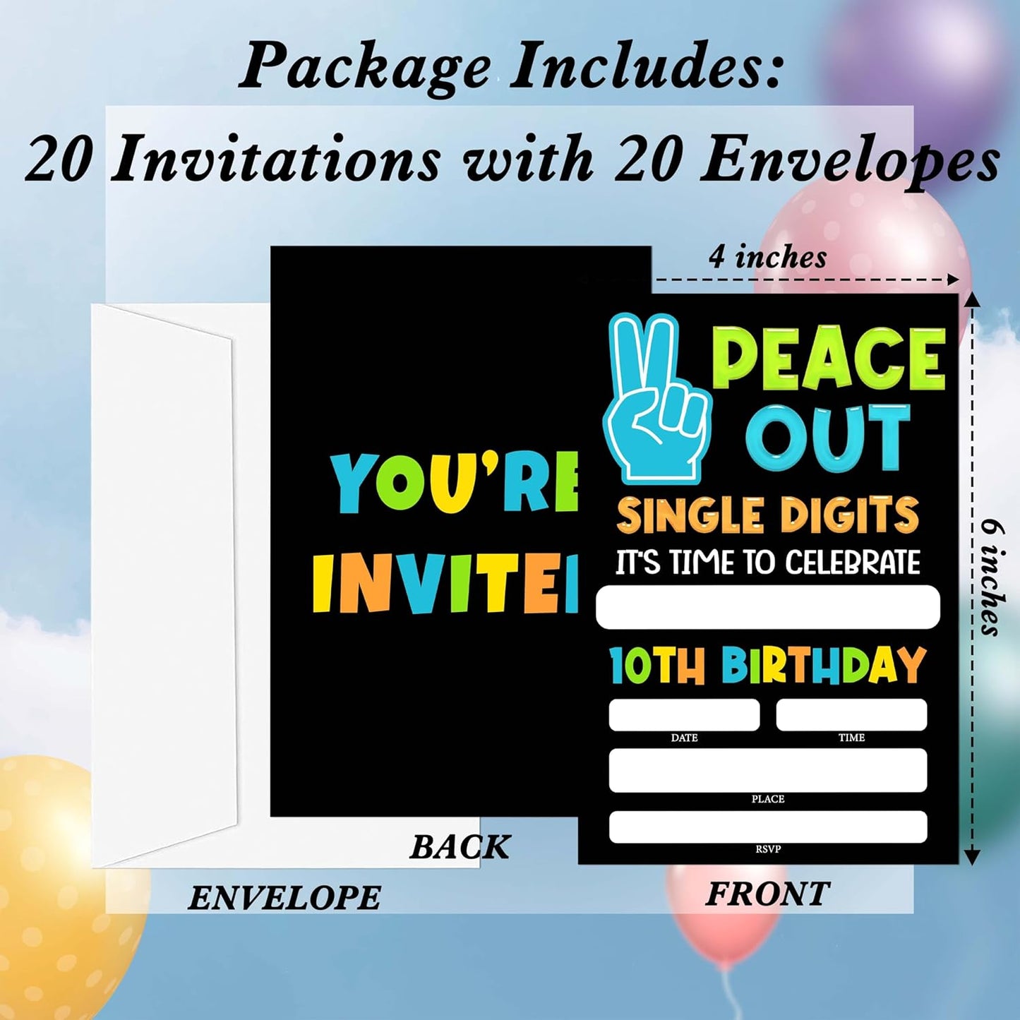 10th Birthday Invitations, 20 Invitation Cards with Envelopes, Peace Out Single Digits Invites for Party Decorations Favor Supplies - A30