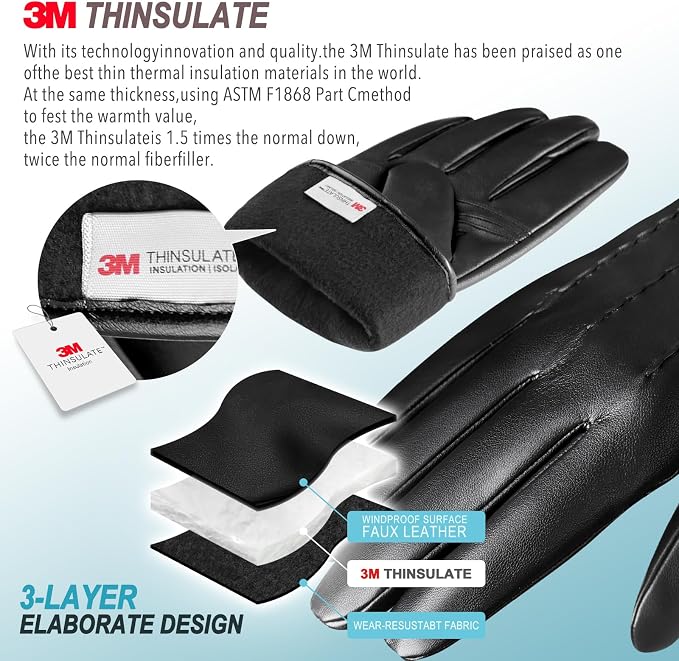 Winter Leather Gloves for Men, Touchscreen Snow Driving Gloves - Image 4