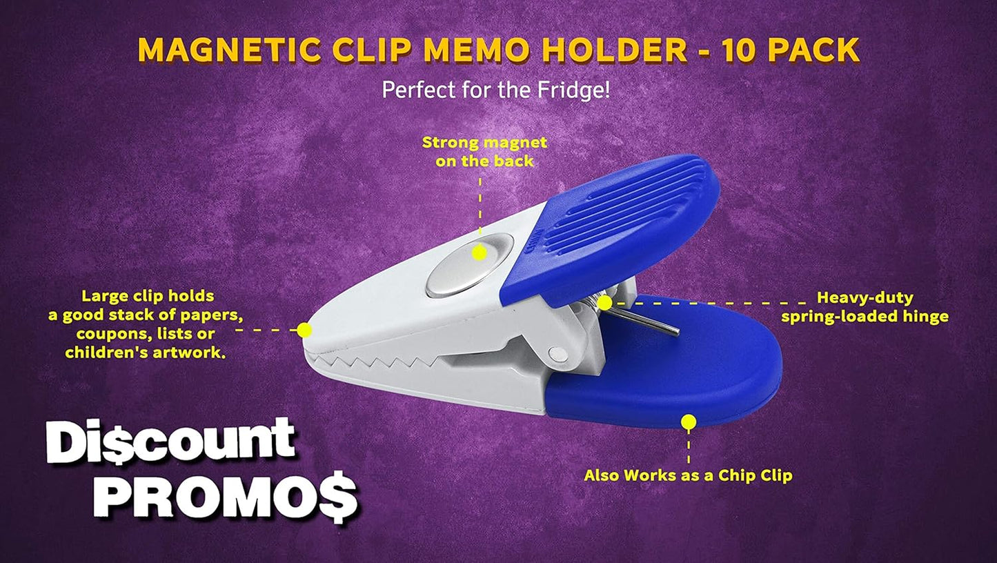 10 Magnetic Memo Holders Set - Customizable Text, Logo - Large Clip, Plastic - White Blue