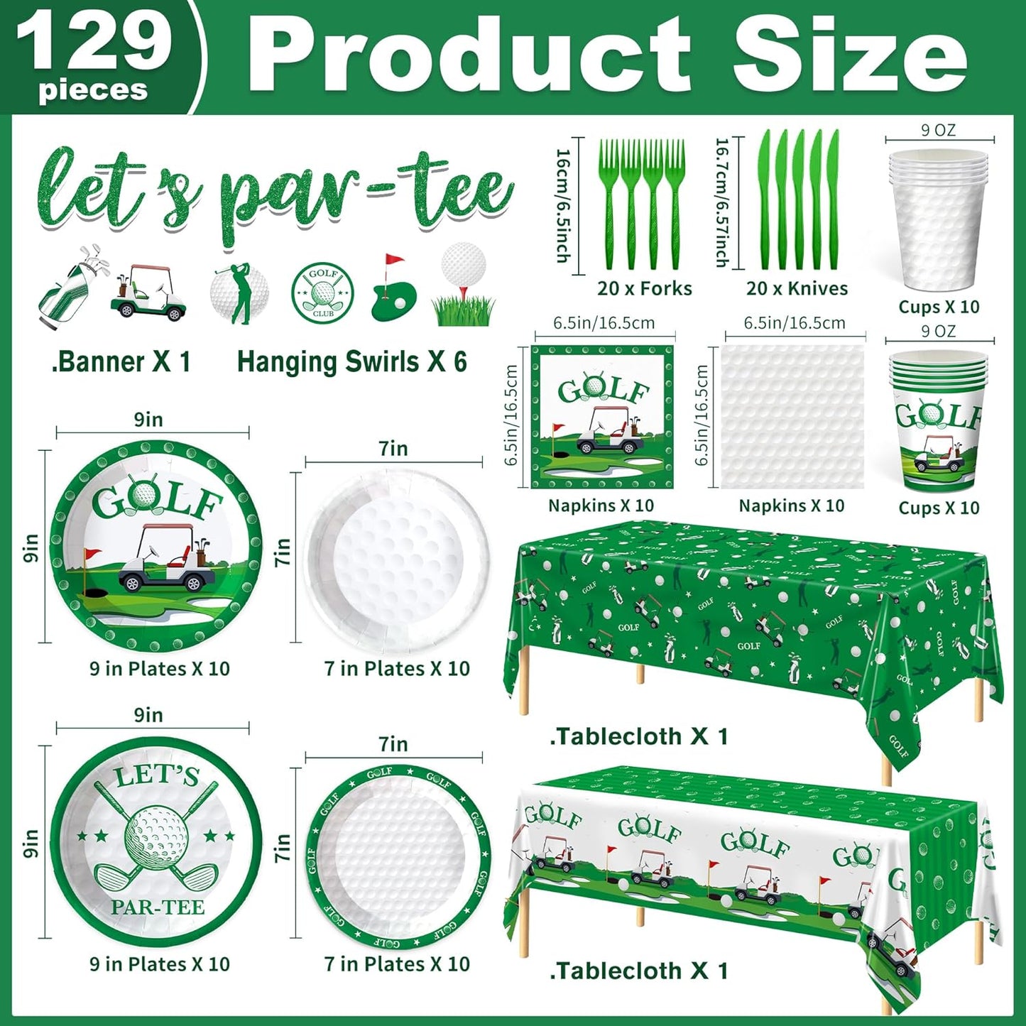 129Pcs Golf Party Supplies -Serves 20 Party Decorations With Plates Cups Knifves Forks And Napkins Tablecloth And Banner For Birthday Party Decorations Game Day Family School Holiday Sports Events