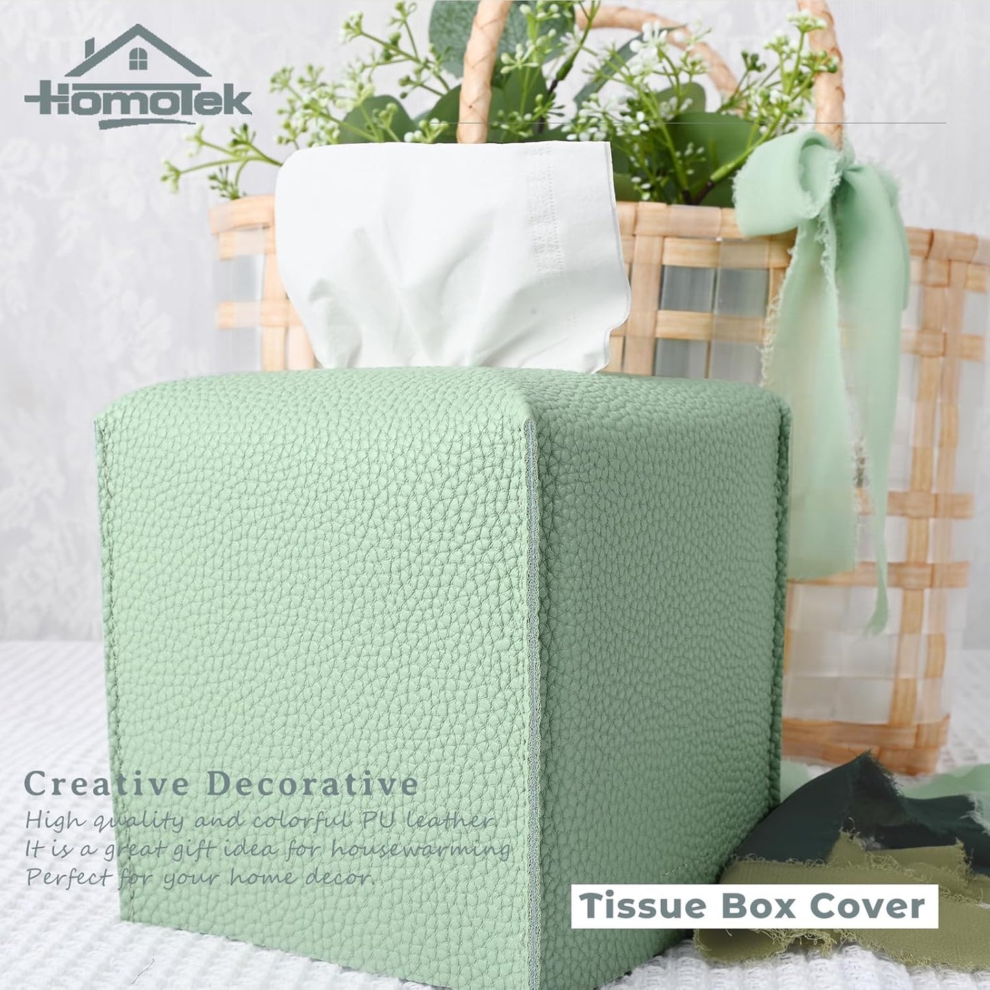 HOMOTEK 2 Pack Tissue Box Cover, Square PU Leather Tissue Holder, Decorative Facial Tissue Cube Paper Organizer Dispenser for Bathroom, Night Stands, Desk, Car 5X5X5'' - Mint Green, Pebble Grain