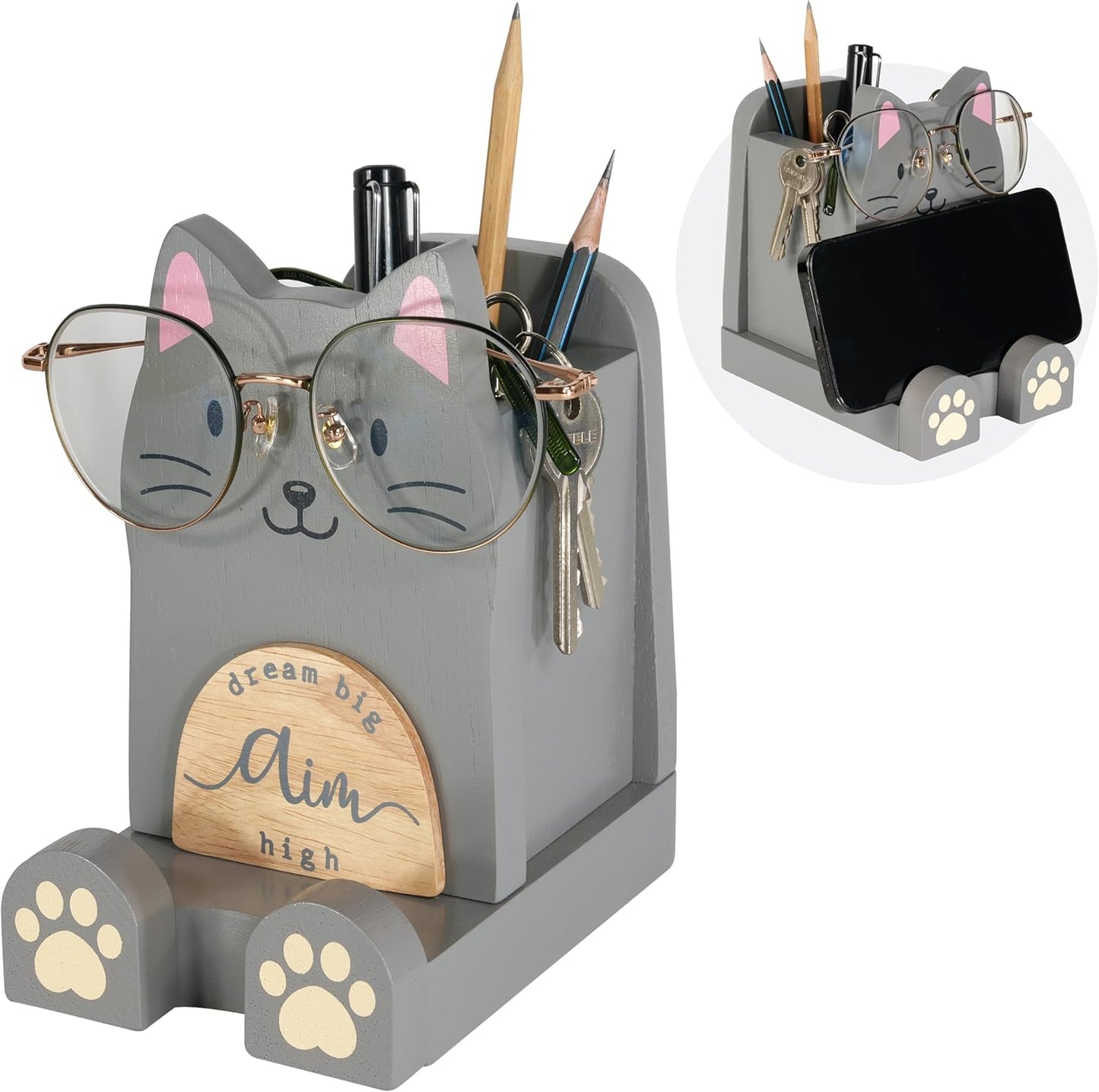 I'm Solid Wood Multipurpose Eyeglass Phone Pen & Pencil Holder Stand Stationery Desk Box Organizer Accessories Decor,Home Office Desktop Decoration Birthday Graduation Gifts for Cat Lovers (Kitty)
