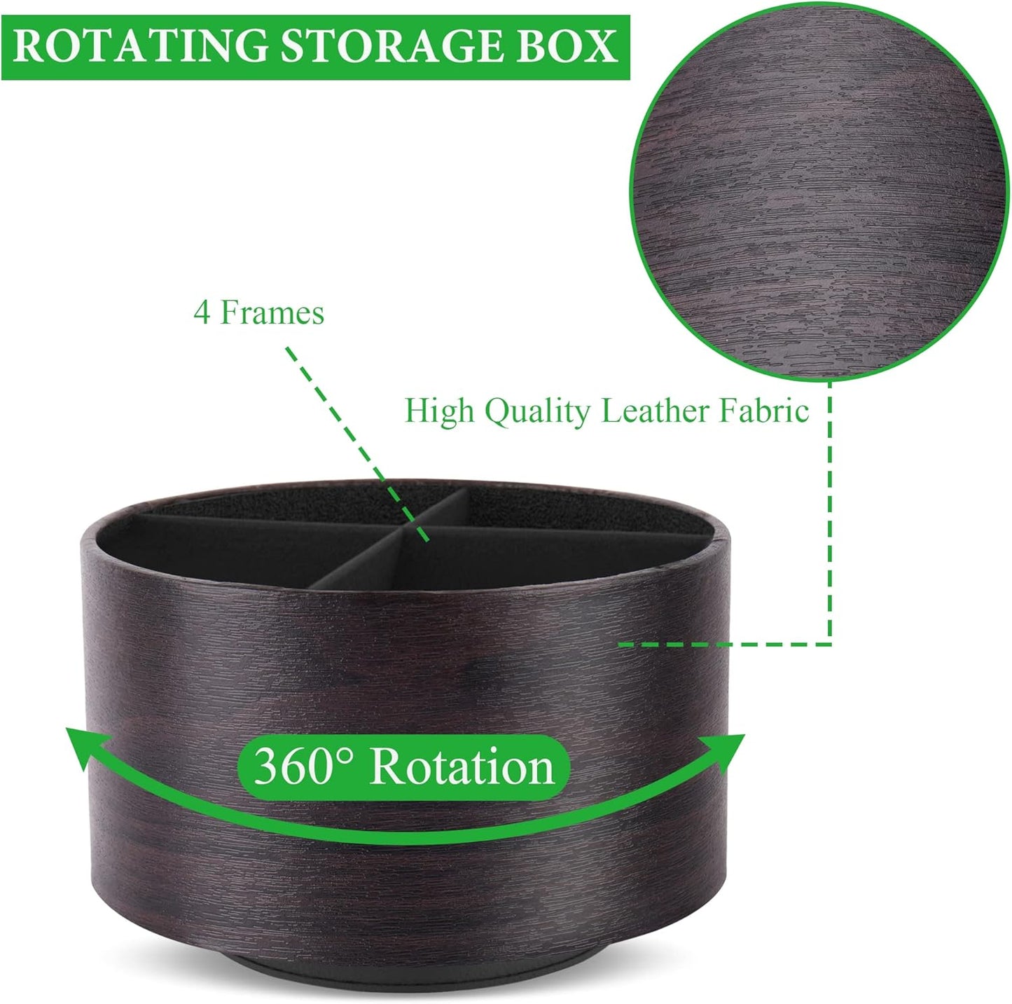 Hennaja Round Leather Art Supply Organizer,Remote Control Holder,360 Degree Spinning,Multi-Functional Pencil Holder,4 Compartments Desktop Stationary Organizer(1-Dark Brown2)