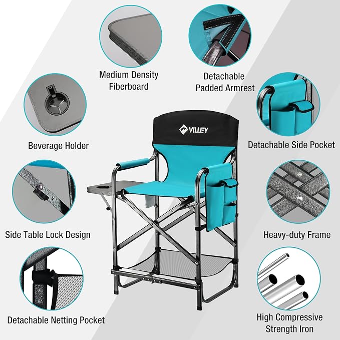 VILLEY Tall Directors Chair, Folding Camping Chairs, Makeup Artist Chair - Image 6