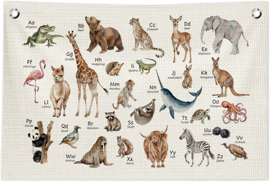 ABC Alphabet Educational Canvas Banner,Animal Alphabet Nursery Wall Decor,ABC Animal Educational Banner Flag Wall Art for Nursery Classroom Kids Room Bedroom Playroom,20x30 in