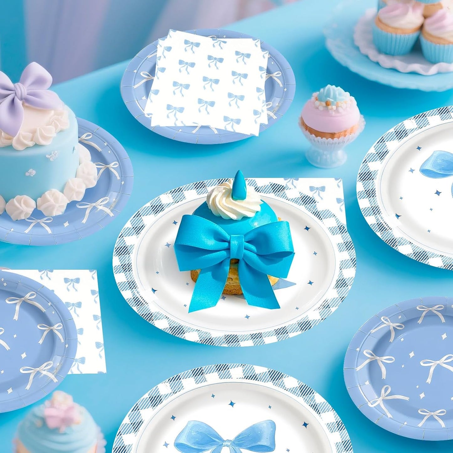 180Pcs Blue Bow Party Supplies Paper Plates and Napkins Serve 60 Disposable Tableware Set for Birthday Party Decorations Game Day Family School Holiday Sports Events