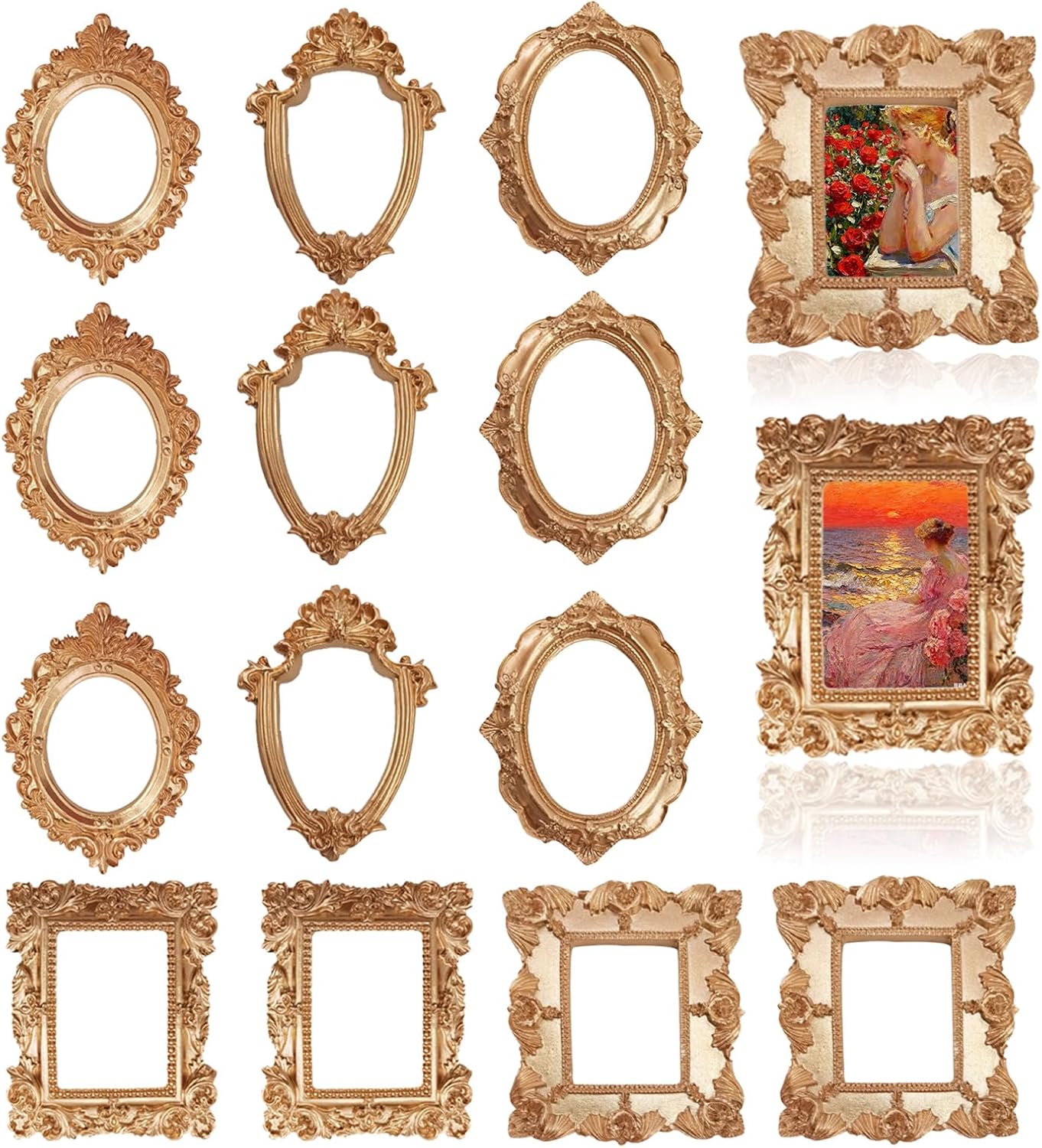 20 Pcs Mini Gold Picture Frames Small Vintage Frames Tiny Antique Photo Frame with Dot Glue and Magnetic Stickers for Home Hotel Christmas Decor Table Top Shooting Photo Props