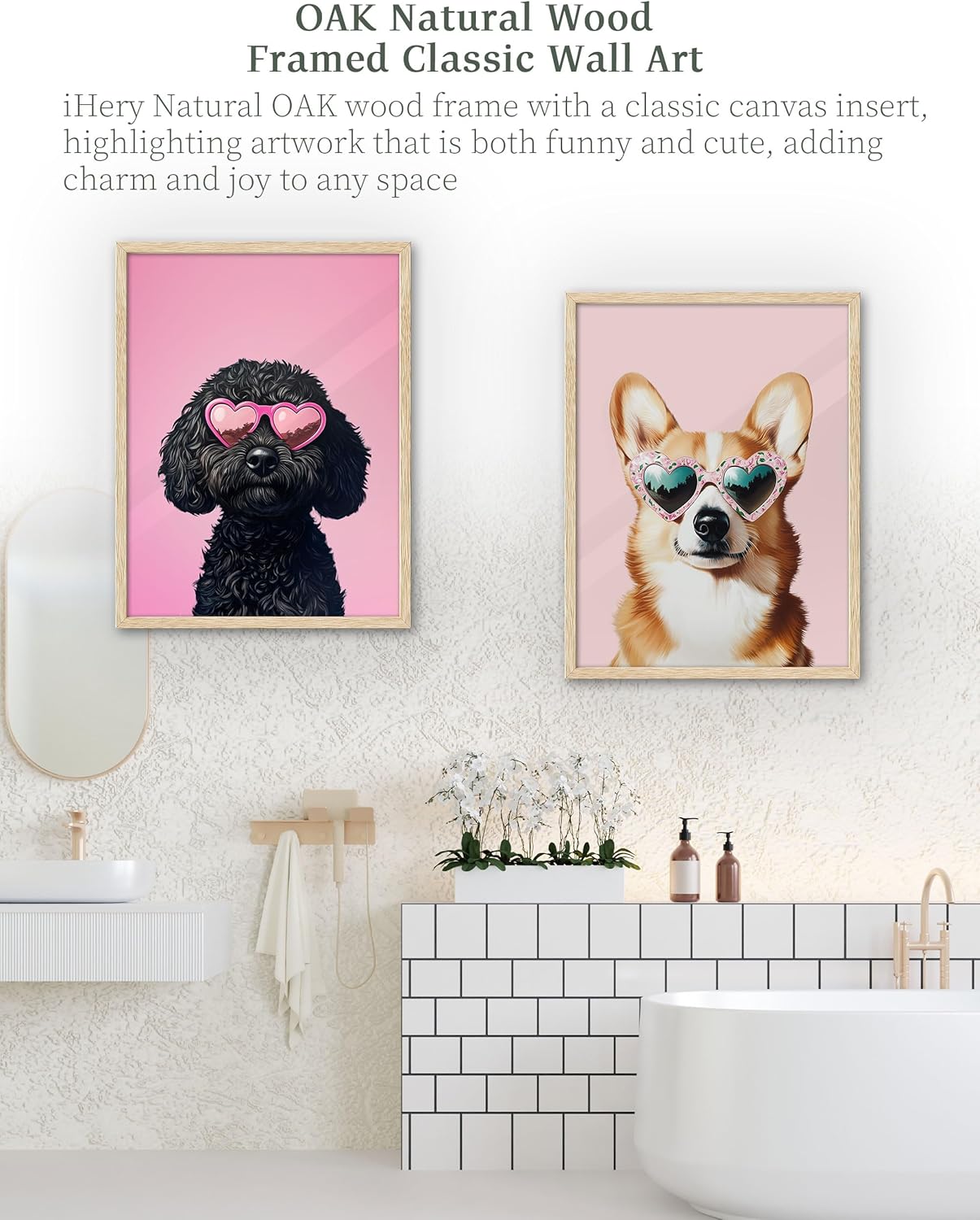 iHery Natural OAK Wood Pink Corgi Dog Framed Wall Art, 12x16in Funky Preppy Heart-Shaped Glasses Canvas Wall Art Decor For Bedroom, Cute Welsh Dog Prints Apartment Bathroom Living Room Set of 1
