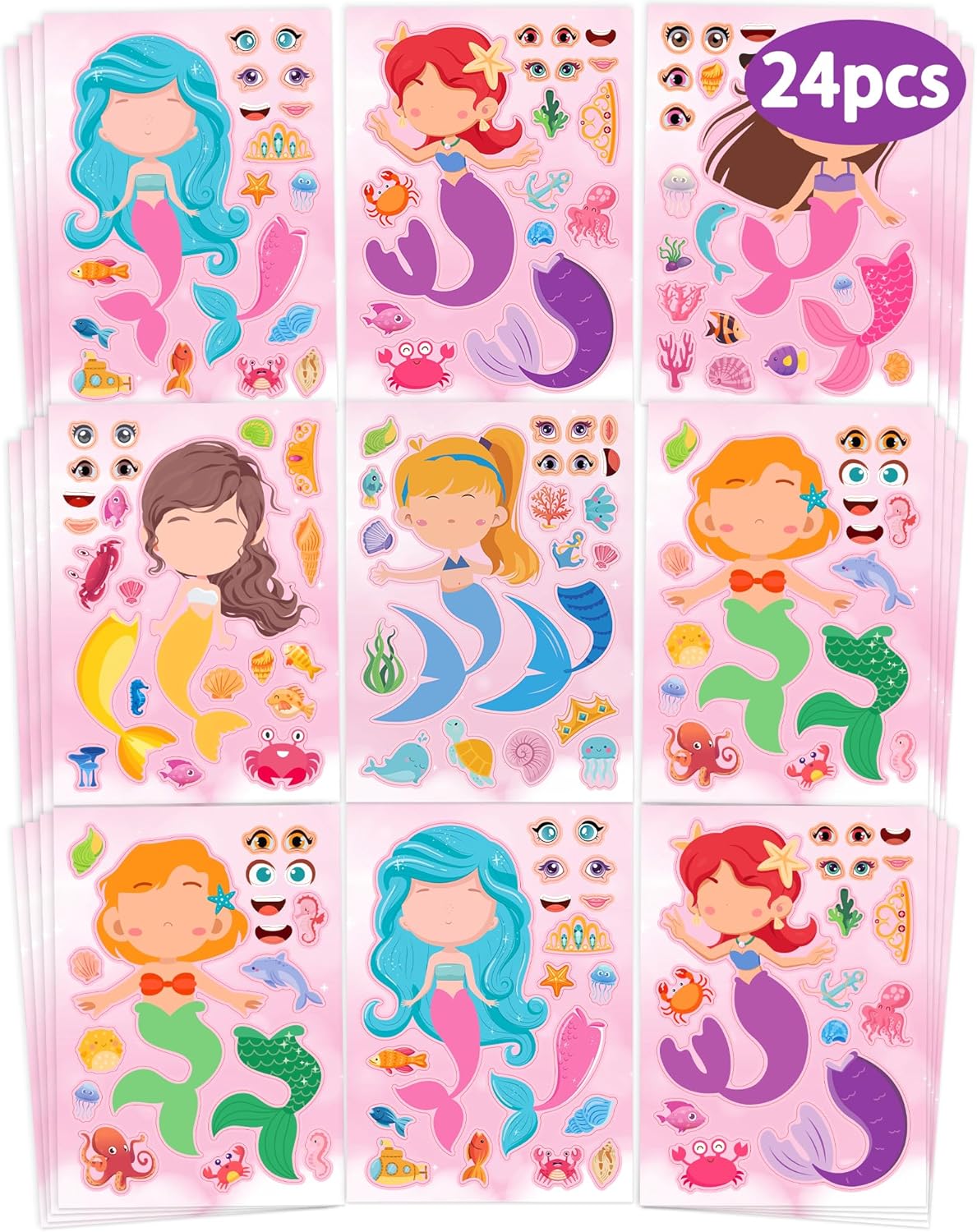 24 Pcs Make Your Own Mermaid Sticker Sheets for Kids with Mermaid Face Stickers for Toddlers Crafts Activities Gift Bag Stuffers Birthday Party Favors for Kids