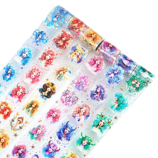 6 Pcs Constellation Goddess PET Scrapbook Tapes, Holographic Stickers for Journaling, Scrapbook Supplies, and Ephemera, with Decorative Clip