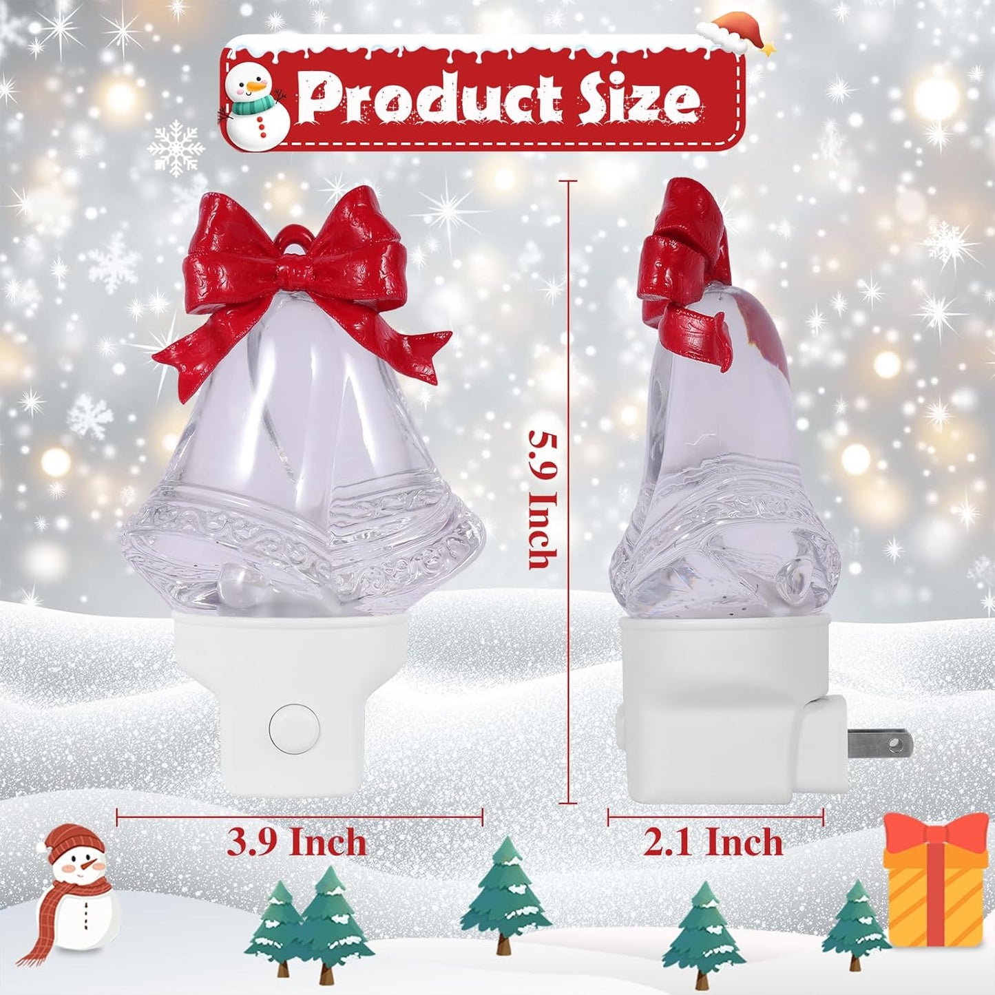 2 Pack Christmas Bell Night Light Plug into Wall Glitter Water Nightlight with USB/Outlet Options, Christmas Decorative Nightlight for Bedroom Kitchen Nursery Holiday Decorations Gifts (Bell)