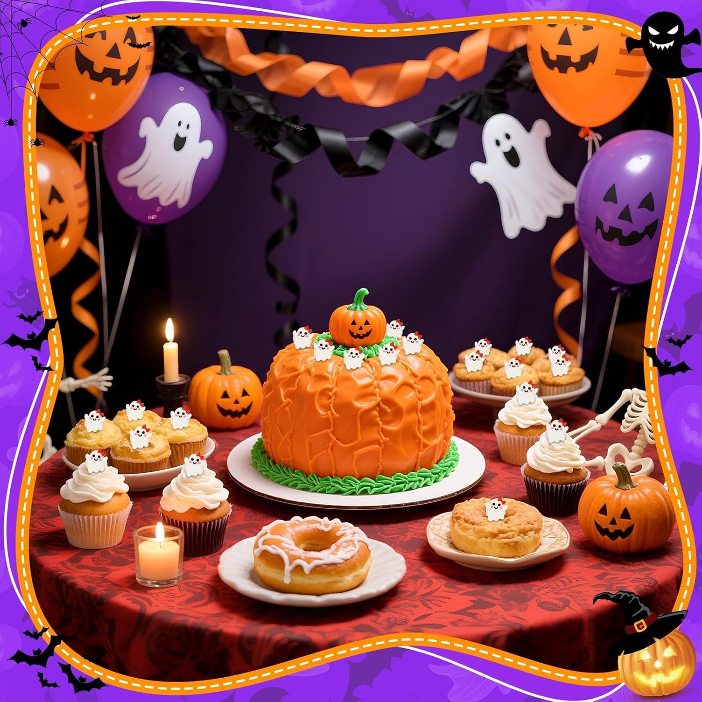 24PCS Ghost Cupcake Ring Toppers Spooky Halloween Cupcake Picks Cute Ghost Decorations for Halloween Theme Birthday Party Baby Shower Cake Supplies