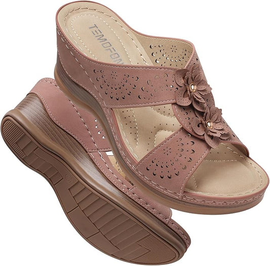TEMOFON Womens Wedge Sandals Leather: Dressy Sandal, Rubber Sole, Comfortable by Temofon