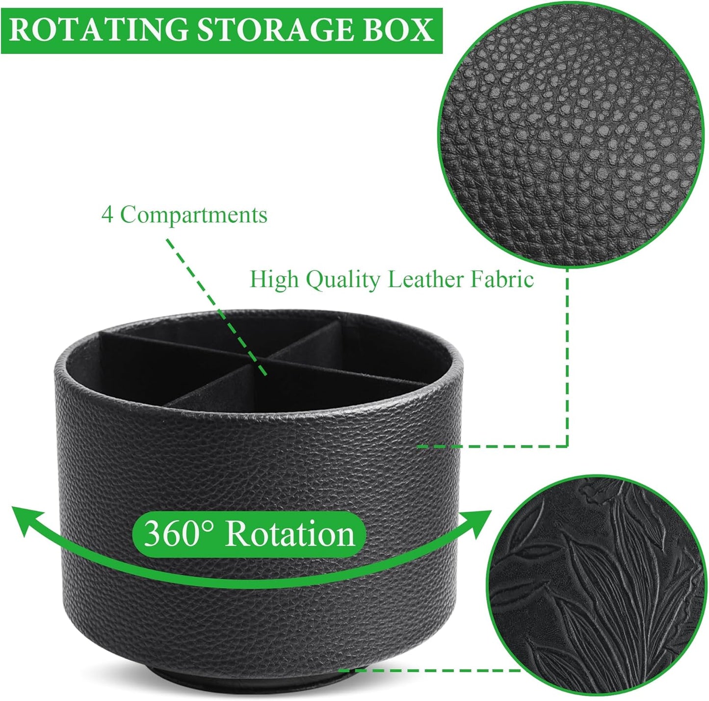 Hennaja Round Leather Art Supply Organizer,Remote Control Holder,360 Degree Spinning,Multi-Functional Pencil Holder,4 Compartments Desktop Stationary Organizer(1-Lichee Black)