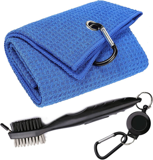 Golf Towels, Microfiber Waffle Pattern Tri-fold Golf Towel - Brush Tool Kit with Club Groove Cleaner, with Clip Men Women Golf Gifts (Blue Towel+Black Brush)