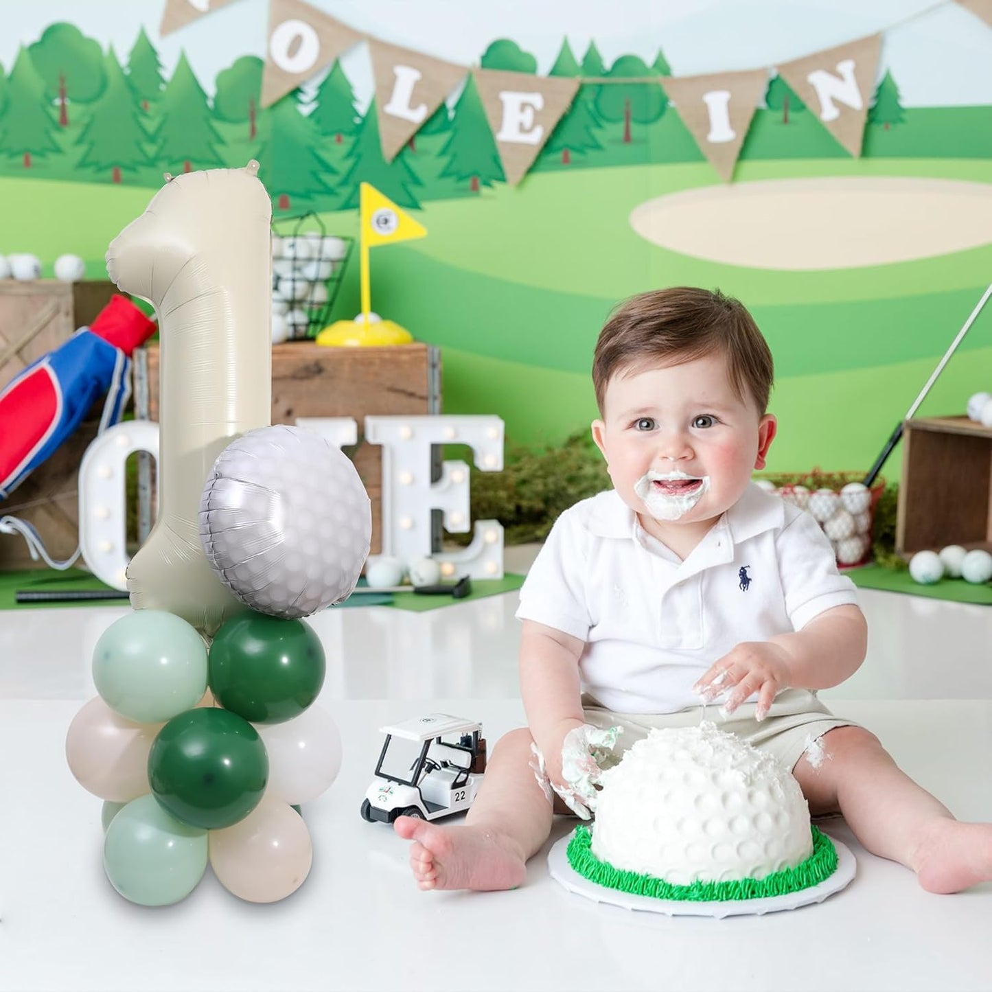 Hole-in-One Birthday Balloons - Golf Birthday Balloon Decorations, Golf Party Tower Set, White and Green 1 Aluminum Foil Balloon for Sports Party Anniversary Supplies