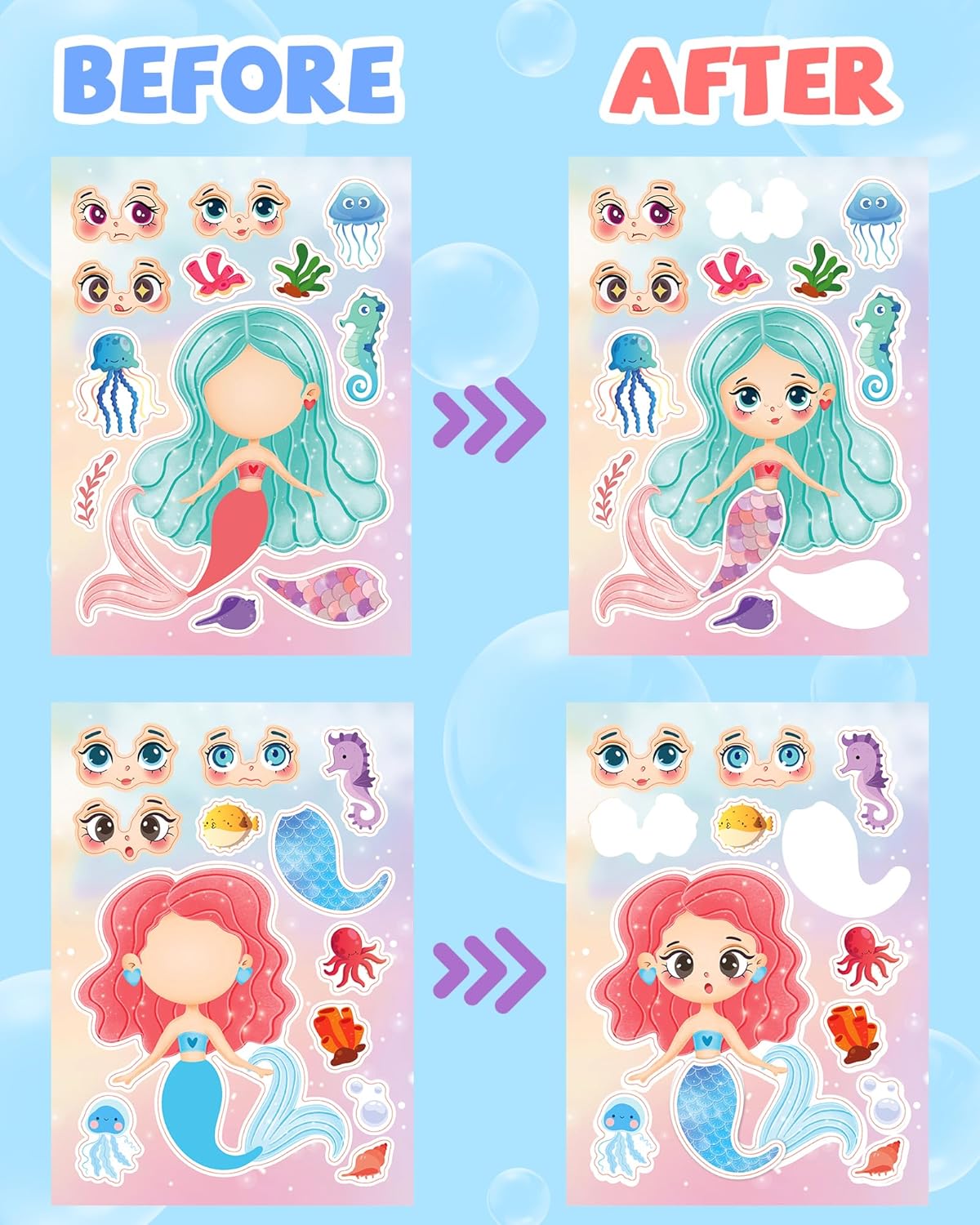 24 Pcs Make Your Own Mermaid Sticker Sheets for Kids with Mermaid Face Stickers for Toddlers Girls Crafts Activities Gift Bag Stuffers Birthday Party Valentines Day Gifts for Kids Classroom