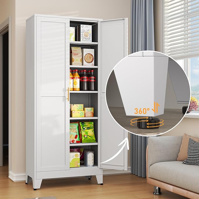 White Metal Storage Cabinet, Kitchen Pantry Storage Cabinet - Image 4