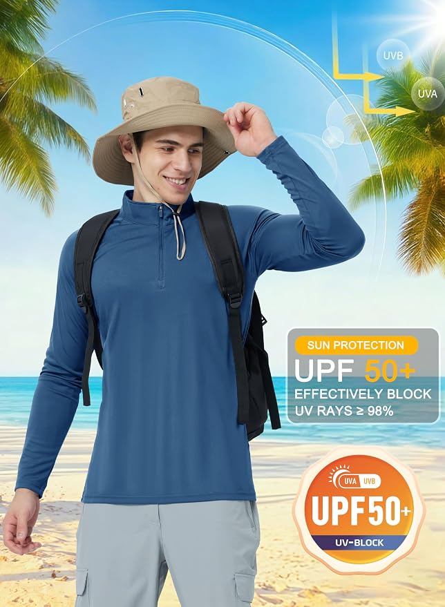 CRYSULLY Men's Long Sleeve 1/4 Zip Shirts Sun Protection Pullover UPF 50+ Rash - Image 3