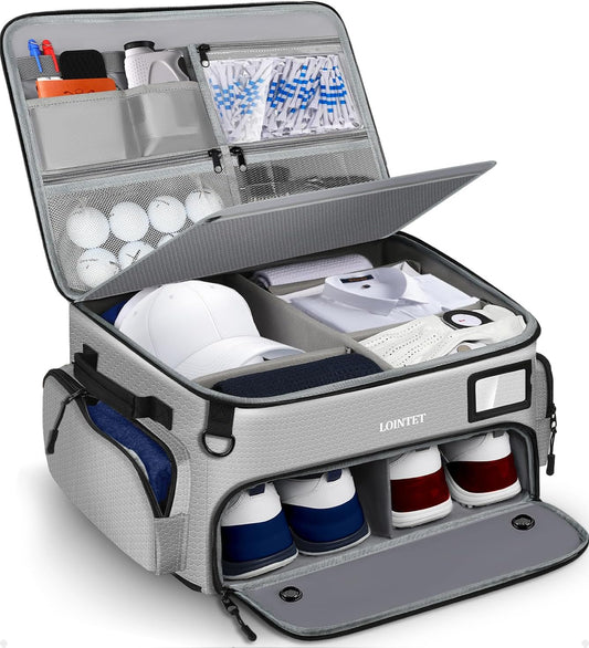 Golf Trunk Organizer, Waterproof Car Golf Locker with Separate Ventilated Compartment for 2 Pair Shoes, Golf Storage for Balls, Tees, Cap, Clothes, Gloves, Accessories, Gifts for Men, Women