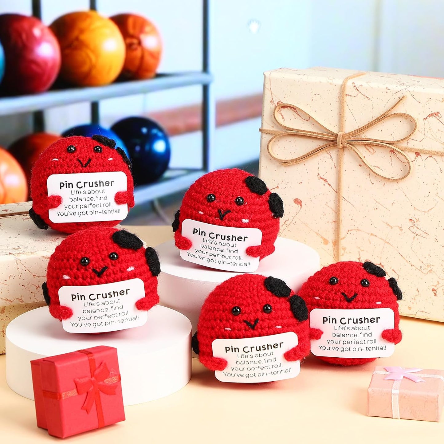 12pcs Funny Bowling Gifts for Team Bulk Positive Bowling Balls with Motivational Cards Handmade Mini Crochet Team Gift for Coach Women Men Coworker Birthday Christmas Party Favors