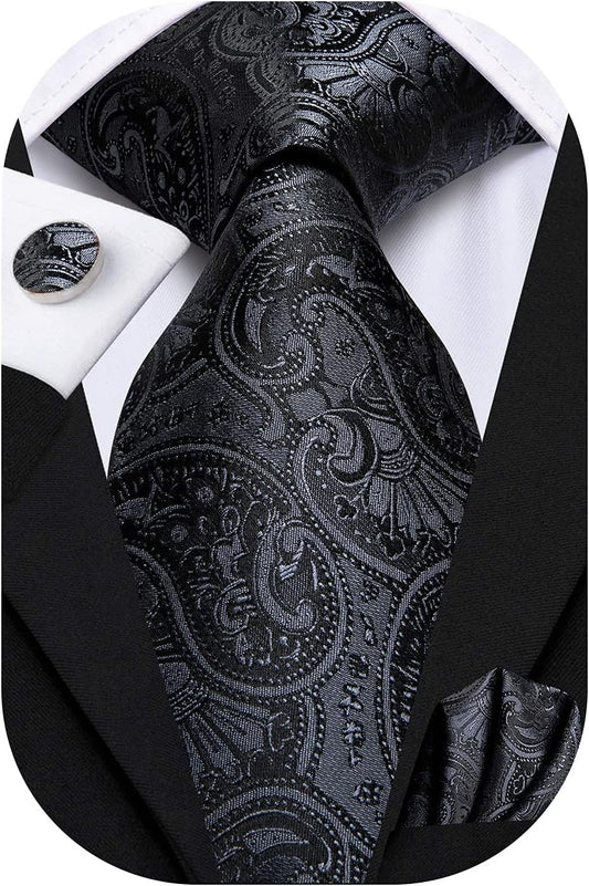 Hi-Tie Men 63inches Tie Set Extra Long Necktie Paisley Tie Pocket Suqare Cufflinks Big and Tall Men Tie