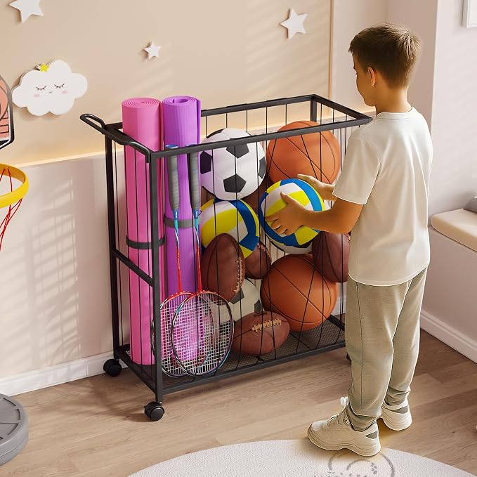 Ball Storage Bin Rolling Sports Ball Cart, Metal Garage Organizer Sport Rack - Image 6