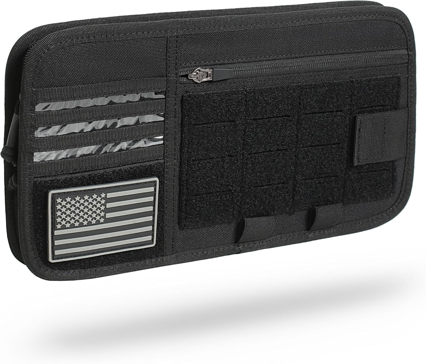 Heavy Duty Molle Car Sun Visor Organizer - Tactical Car Accessories with Zipper Visor Storage Pouch,Glasses Clip and Card Sleeve Pocket, Multi-Pocket Visor Organizer Storage Pouch for Cars SUVs Trucks