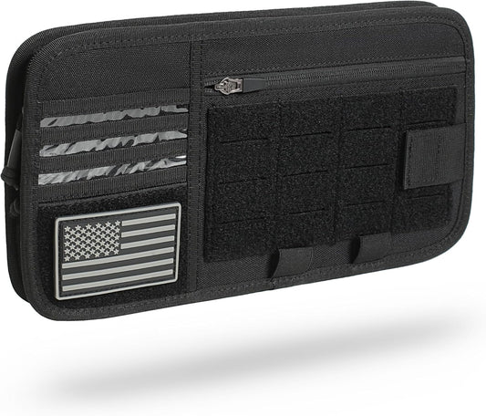 Heavy Duty Molle Car Sun Visor Organizer - Tactical Car Accessories with Zipper Visor Storage Pouch,Glasses Clip and Card Sleeve Pocket, Multi-Pocket Visor Organizer Storage Pouch for Cars SUVs Trucks