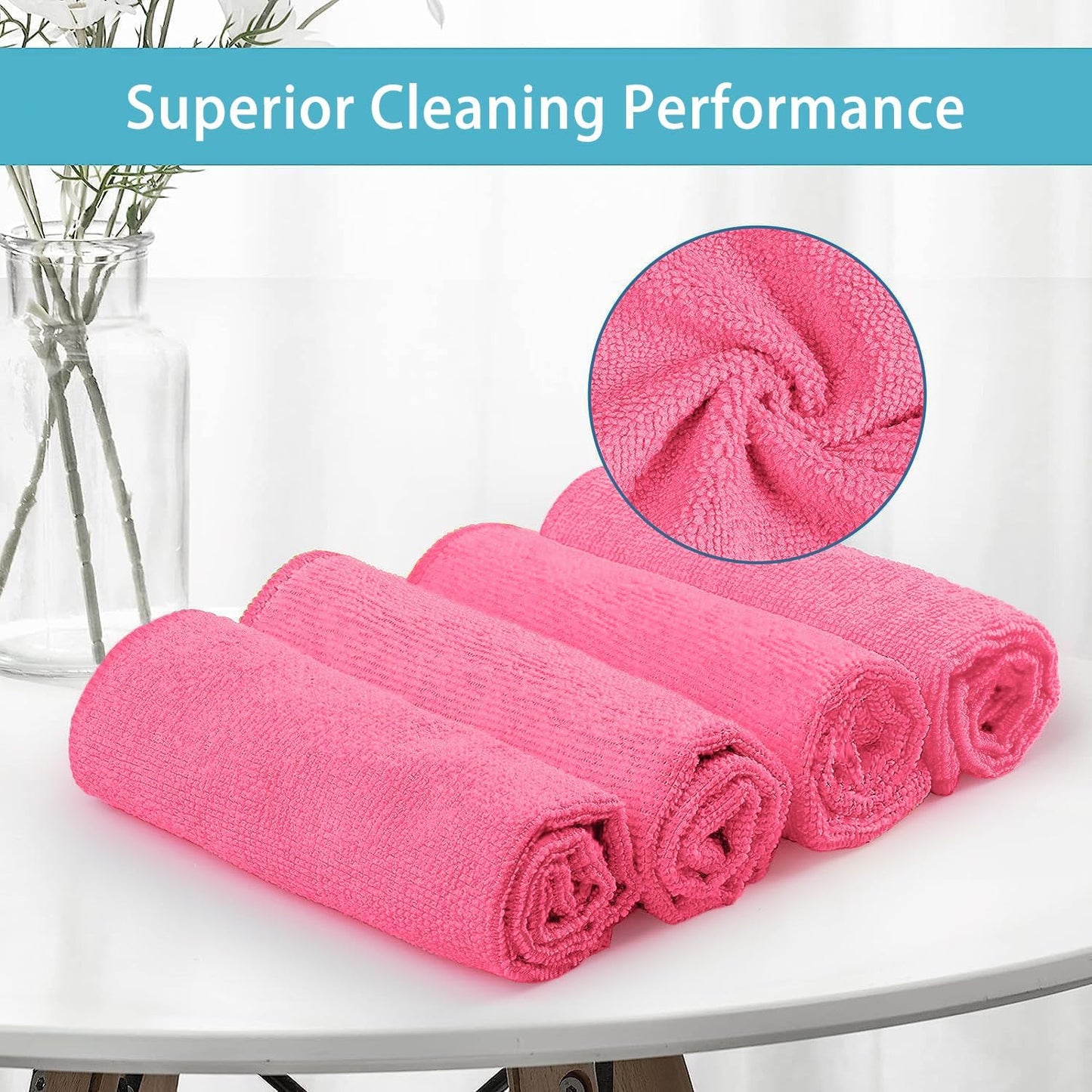 HOMEXCEL Pink Microfiber Cleaning Cloth, 8 Pack Cleaning Towels for Kitchen, Lint Free, Scratch-Free, Highly Absorbent, and Reusable Cleaning Rags for House, Window and Glass, Cars, 11.5 X11.5 inch