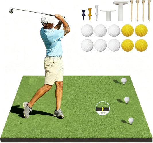 Golf Mat,Elite Golf Hitting Mats Practice Outdoor & Indoor,5x4ft Turf Driving Range Mats for Golf Simulators and Practice with 10 Balls,9 Tees,21|31mm Thickening Domivans