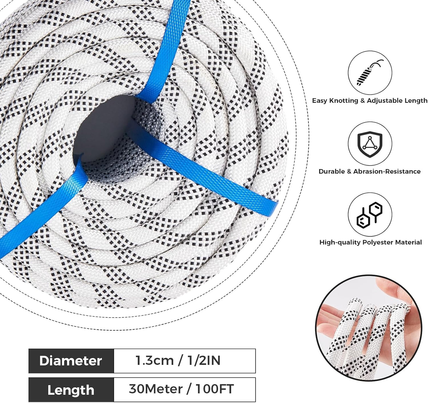 1/2 Inch 100ft Double Braided Polyester Arborist Rope, Heavy Duty Nylon Rope for Anchor, Tree Work, Cargo, Pulling, Sailing