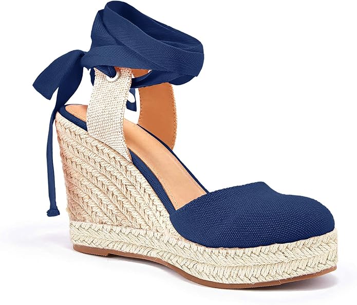 FISACE Womens Summer Espadrille Heel Platform Wedge Sandals Ankle Buckle Strap - Image 3